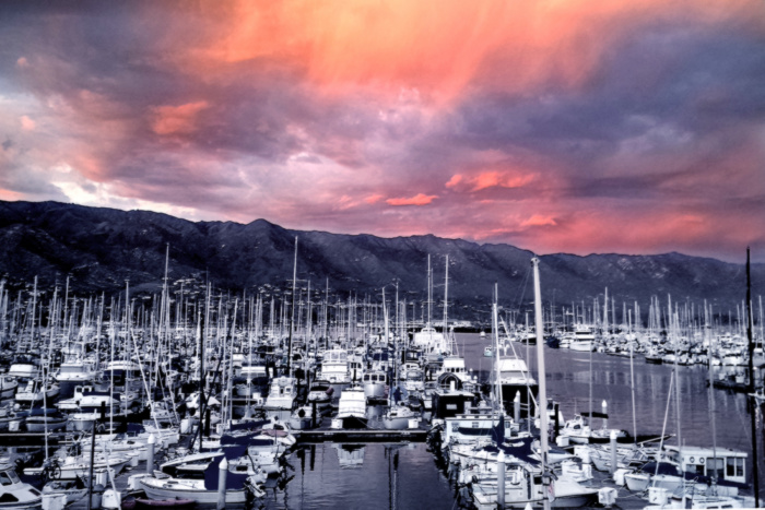 Santa Barbara Harbor sunset and dramatic sky clouds over Santa Barbara